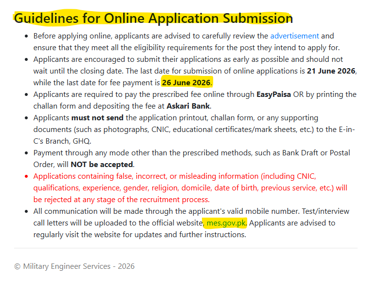 Guidelines for Online Application Submission MES Career 2026